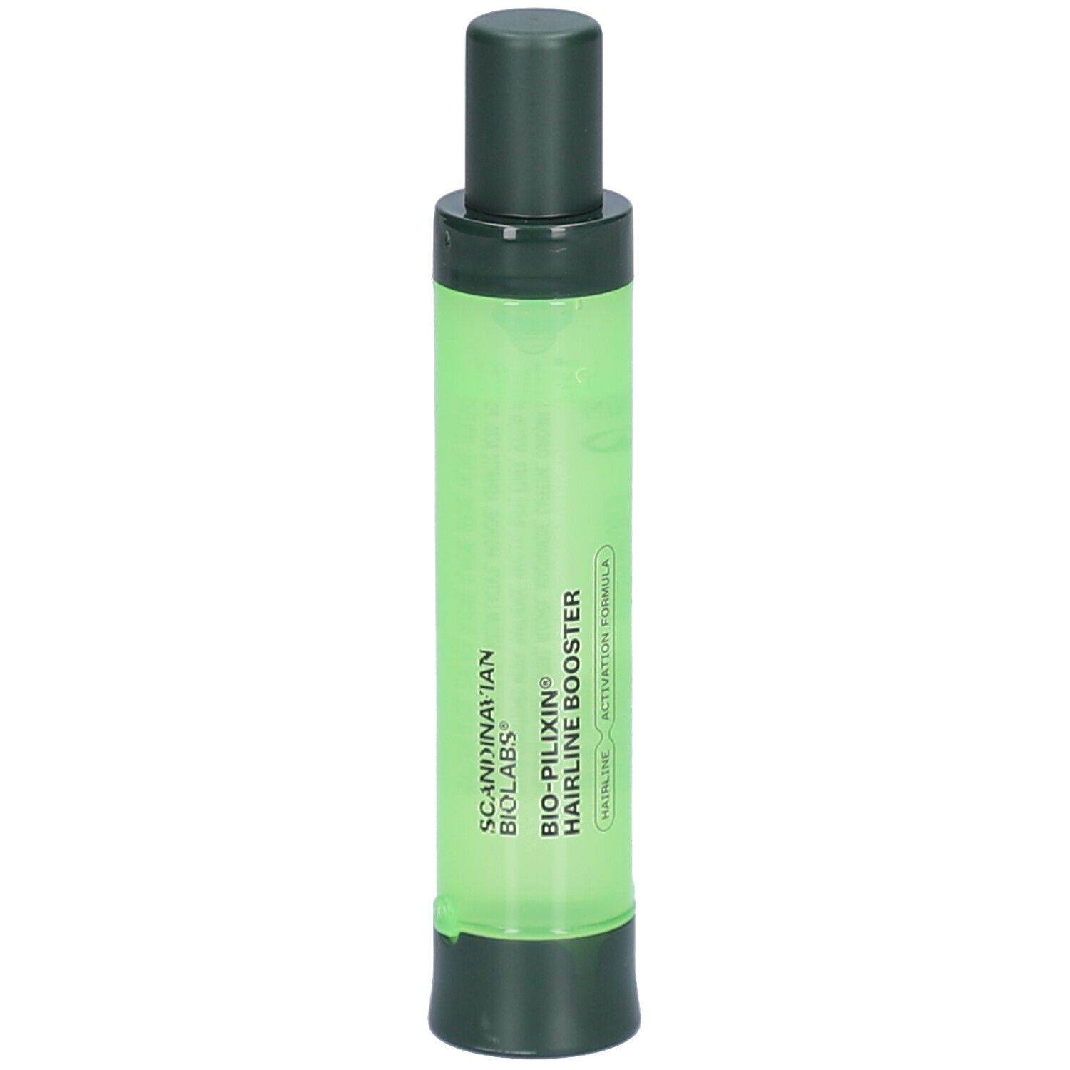 Grüne, zylindrische Flasche mit dunklem Deckel und Boden. Enthält Flüssigkeit. Beschriftung: BIO-PILIXIN Hairline Booster.