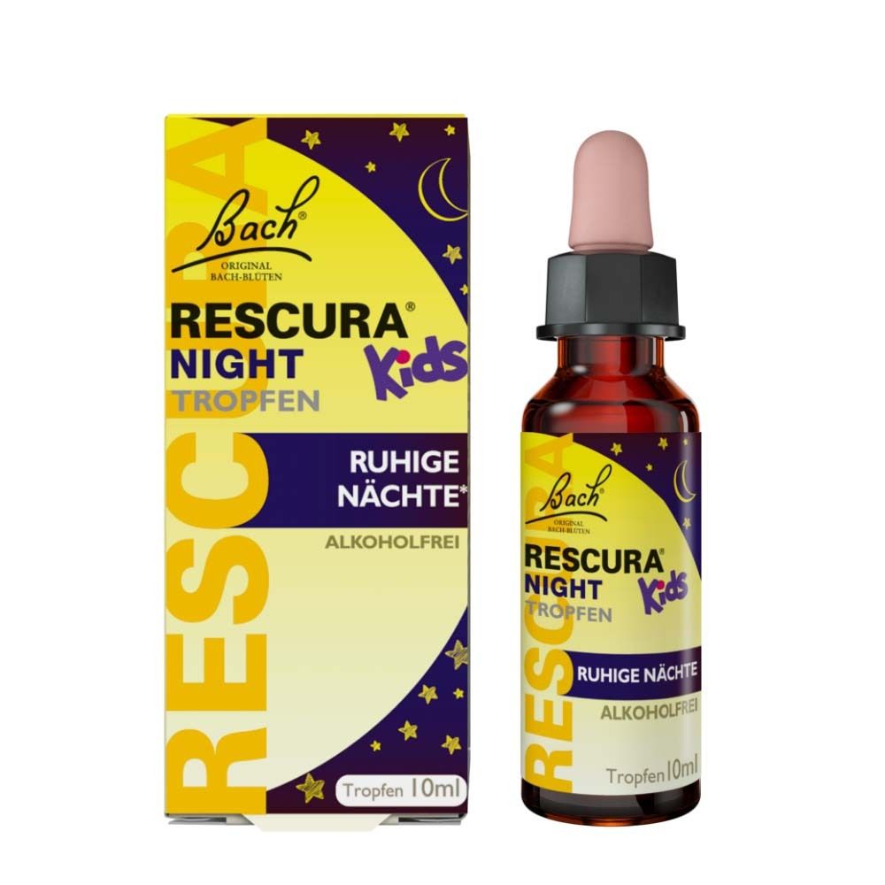 Original Bach RESCURA® Night Kids Tropfen Flasche und Karton.