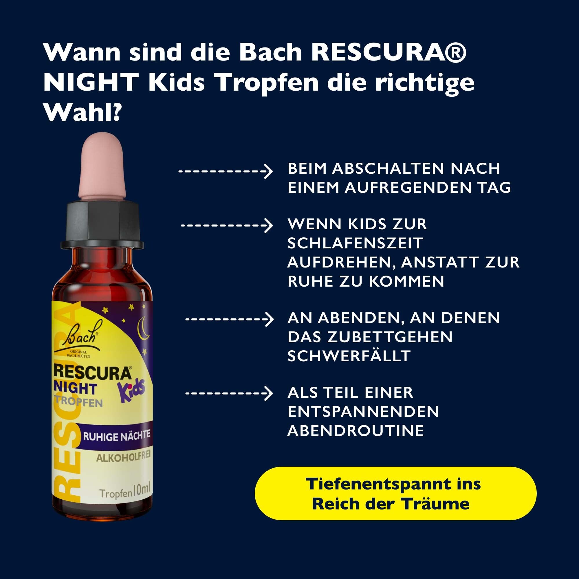 Original Bach RESCURA® Night Kids Tropfen Flasche neben einem Wecker.