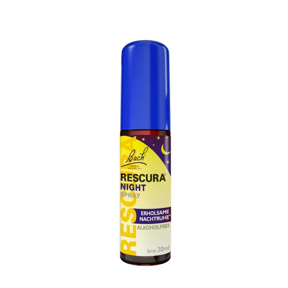 Original Bach RESCURA® Night Spray Flasche mit blauem Verschluss.
