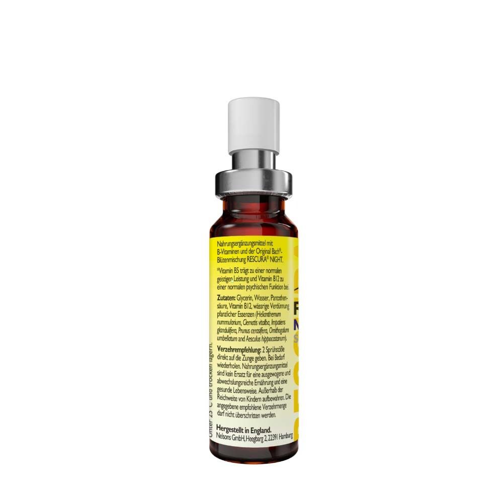 Rückseite der Original Bach RESCURA® Night Spray Flasche mit Produktinformationen.