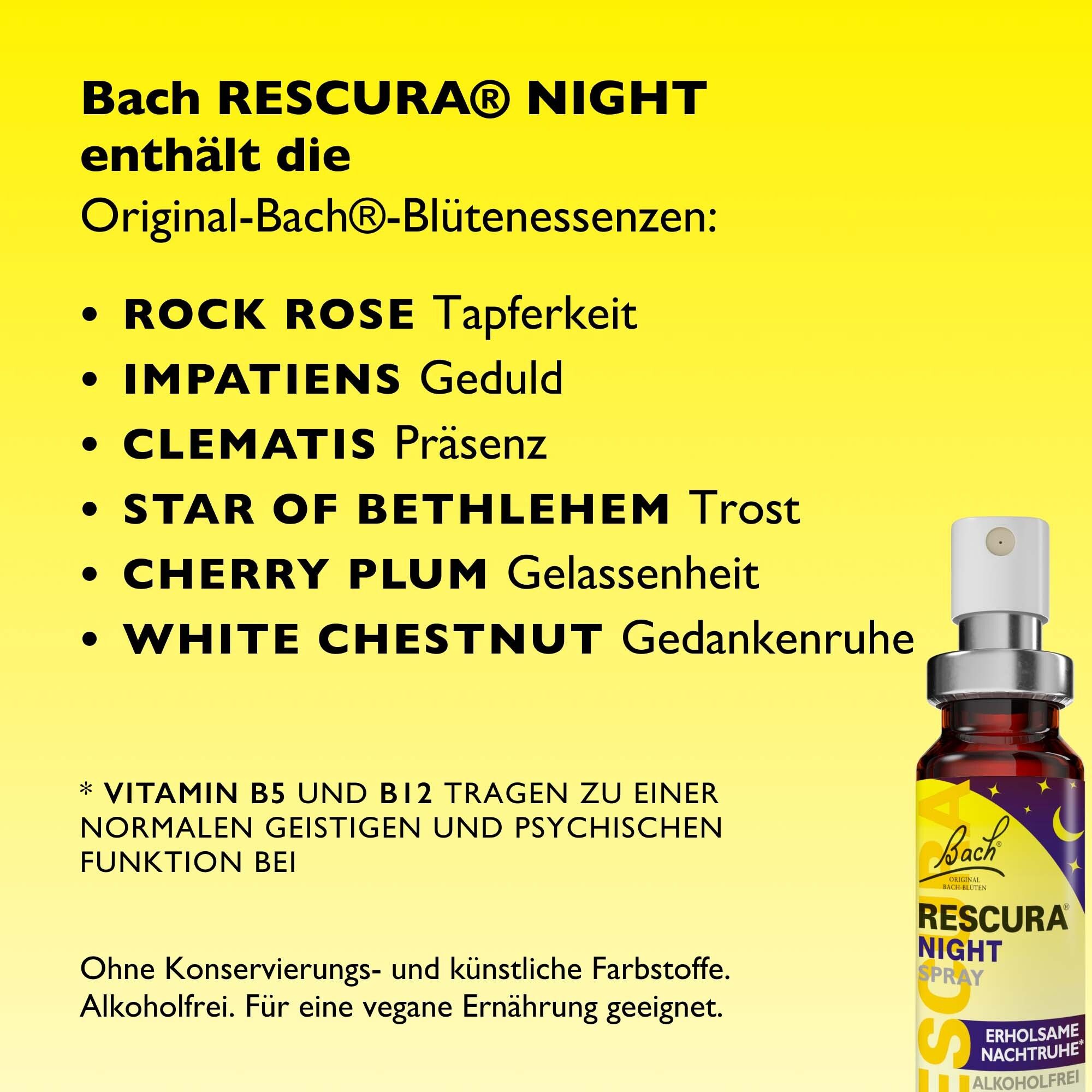 Original Bach RESCURA® Night Spray Flasche mit Liste der Bach-Blütenessenzen.