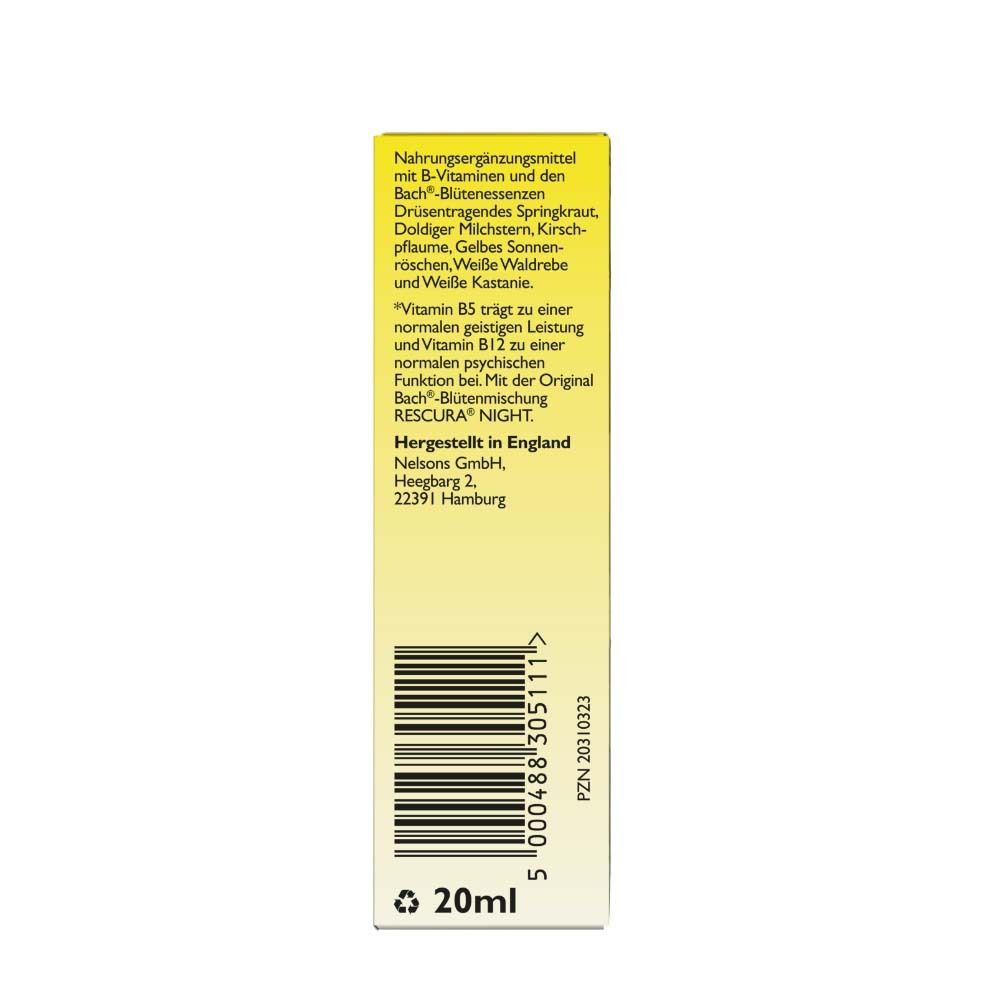 Rückseite der Original Bach RESCURA NIGHT Tropfen Verpackung mit Barcode.