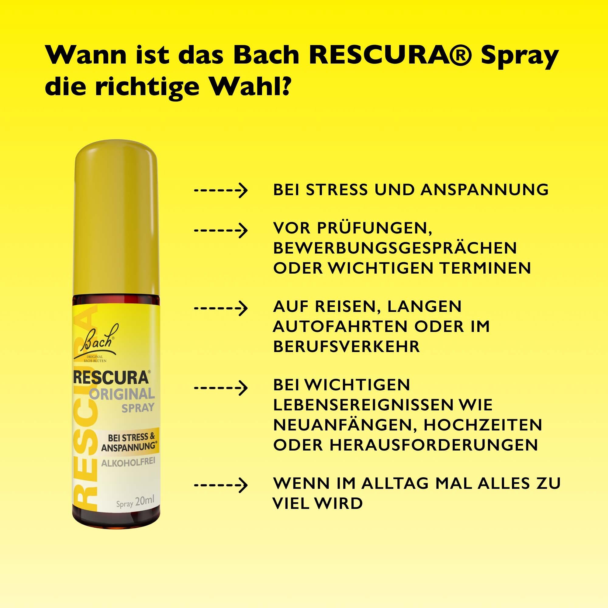Flacon spray Original Bach RESCURA à côté d'une liste d'indications.