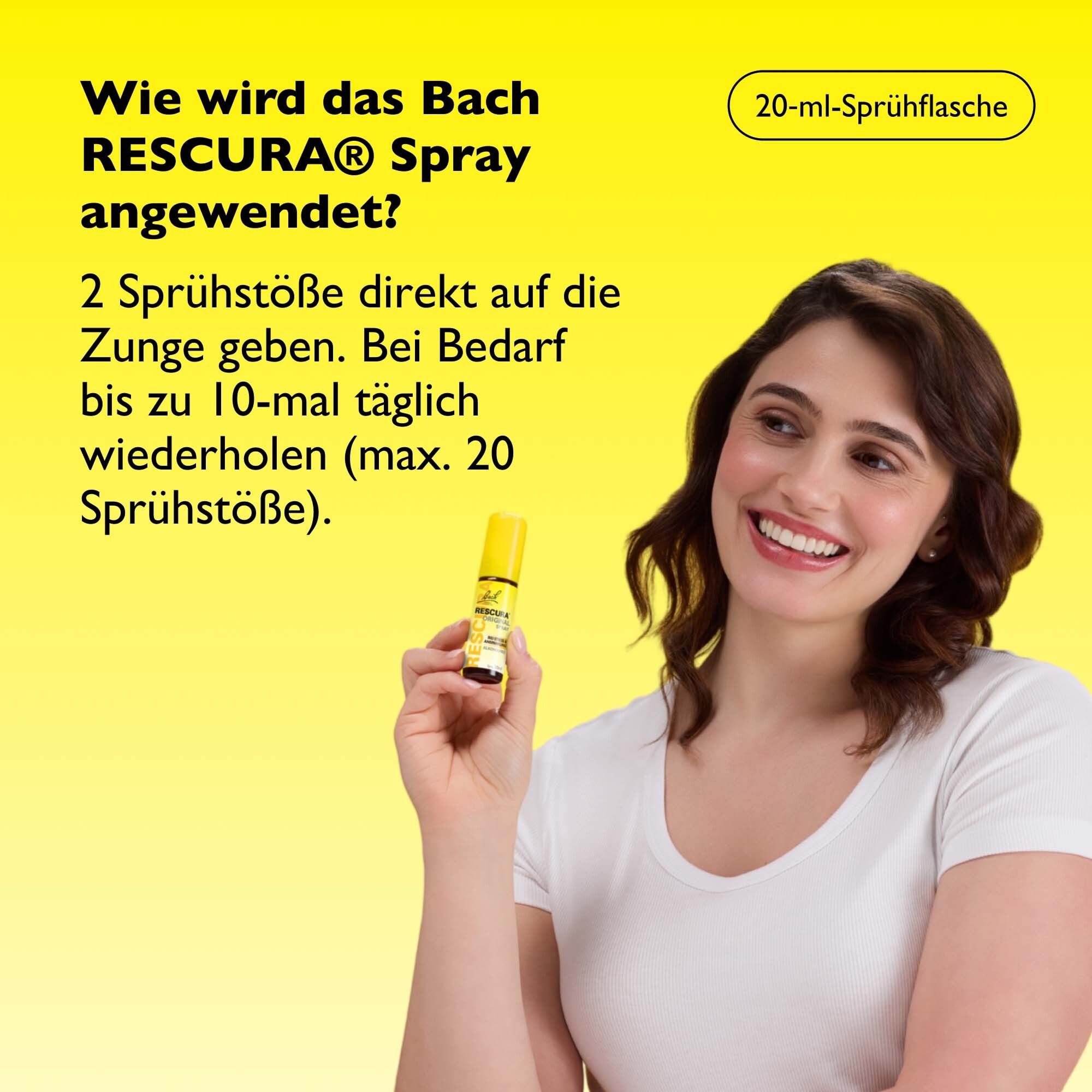 Femme tenant un flacon spray Original Bach RESCURA, instructions d'utilisation.