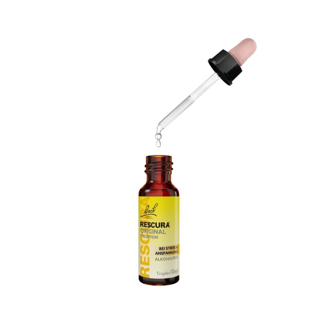 Flacon de gouttes brun avec pipette. Des gouttes tombent dans le flacon. Inscription : RESCURA ORIGINAL Tropfen.