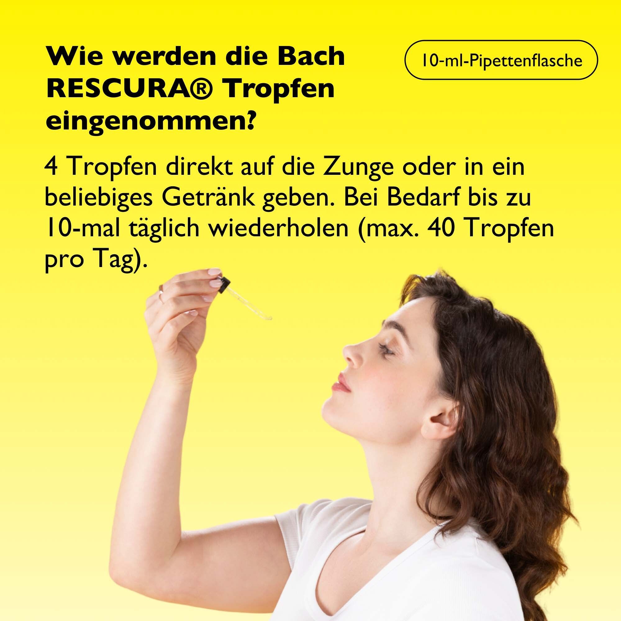 Femme tenant une pipette au-dessus d'un flacon de gouttes. Texte : Comment prendre les gouttes Bach RESCURA ? Texte en allemand.