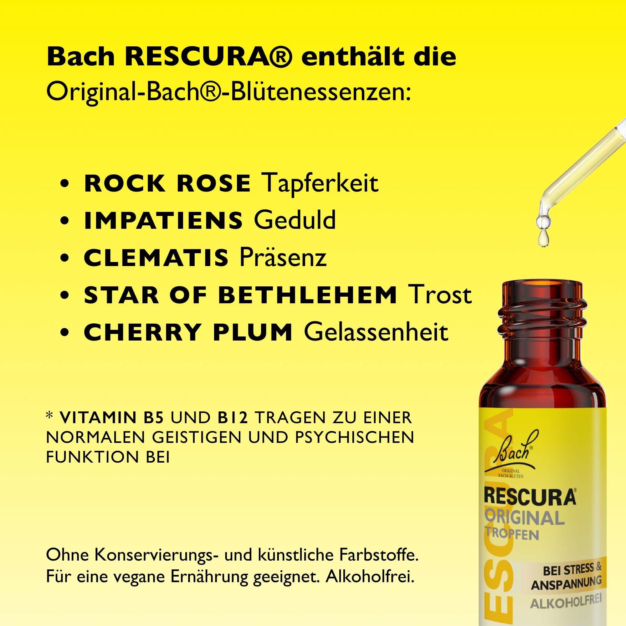 Flacon de gouttes brun avec pipette. Texte : Bach RESCURA contient les essences de fleurs de Bach originales. Texte en allemand.