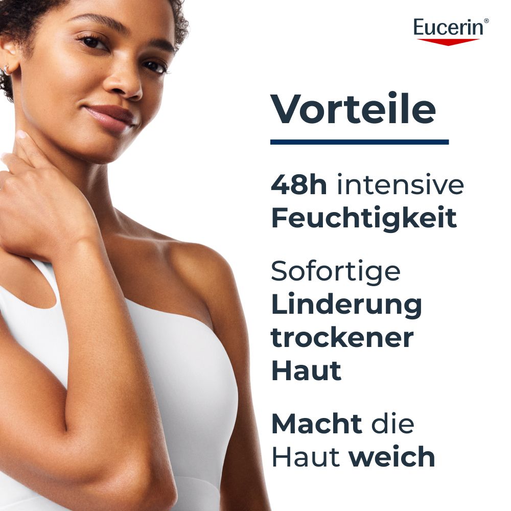 Frau mit glatter Haut, Eucerin Urea Repair 5% Urea, Vorteile: 48h Feuchtigkeit, Linderung.