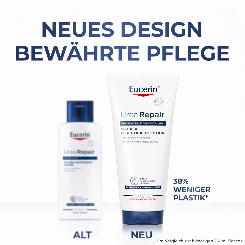 Eucerin Urea Repair 5% Urea: Neues Design, bewährte Pflege. 38% weniger Plastik.