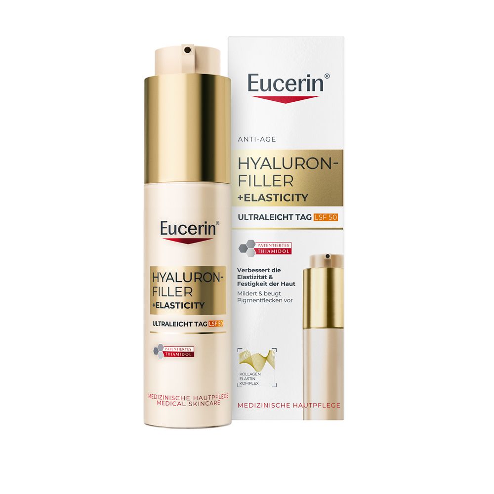 Creme-Flakon und Verpackung. Eucerin Hyaluron-Filler + Elasticity Ultraleicht Tag LSF 50. Faltenminderung und Pigmentflecken.