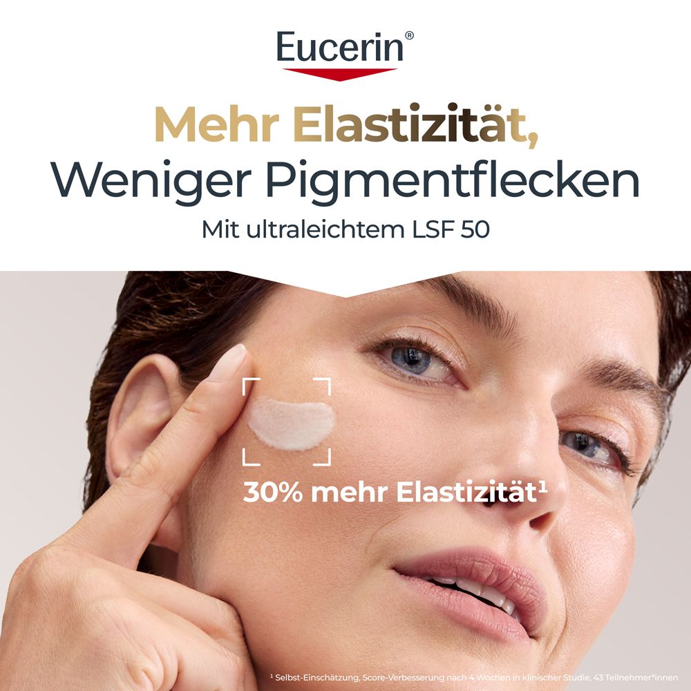 Frau berührt Gesicht. Text: Mehr Elastizität, weniger Pigmentflecken. Mit ultraleichtem LSF 50. 30% mehr Elastizität.