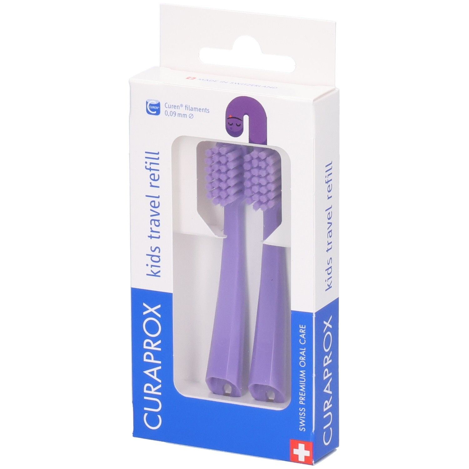 Emballage de deux têtes de brosse à dents rechargeables violettes Curaprox Kids Travel.