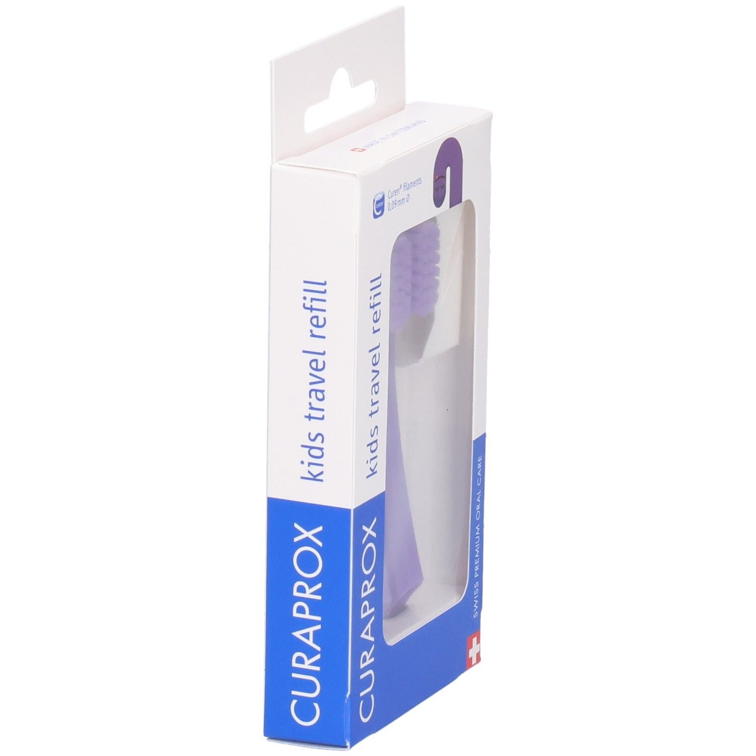 Vue latérale de l'emballage avec des têtes de brosse à dents rechargeables violettes Curaprox Kids Travel.