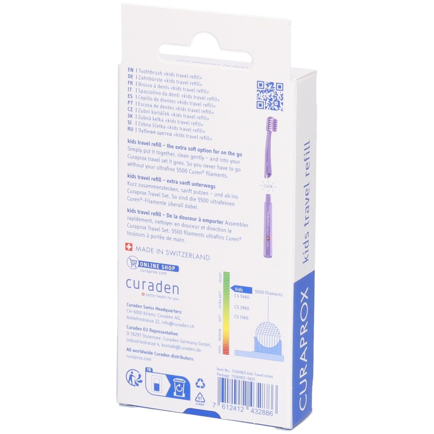 Arrière de l'emballage avec des informations sur les têtes de brosse à dents rechargeables violettes Curaprox Kids Travel.