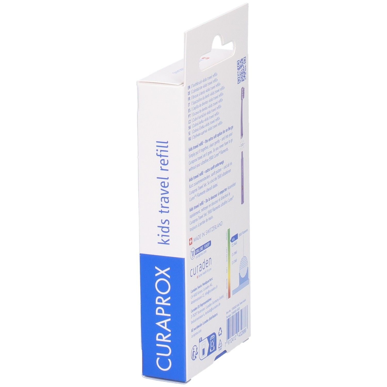 Vue latérale de l'emballage avec des têtes de brosse à dents rechargeables violettes Curaprox Kids Travel.