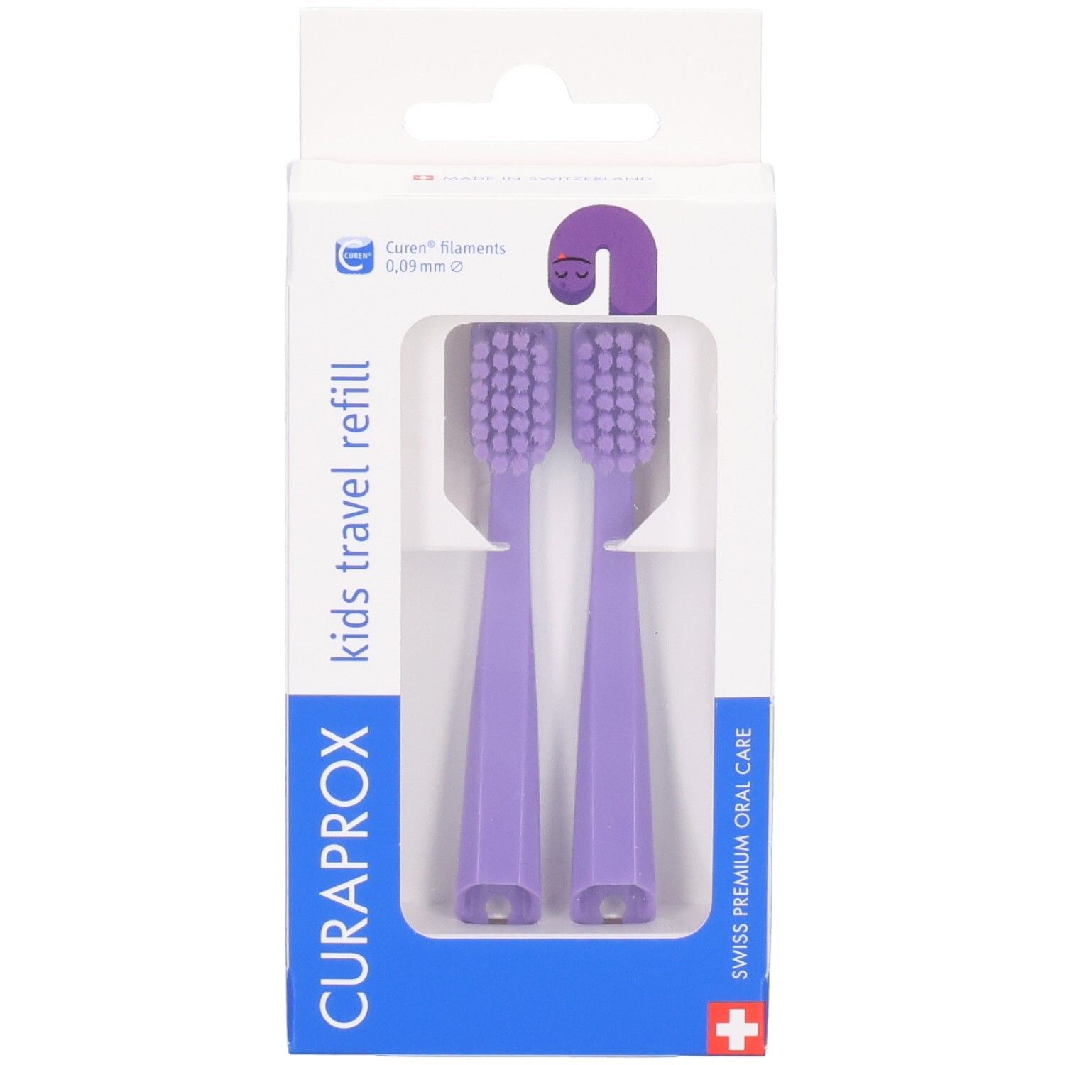 Emballage de deux têtes de brosse à dents rechargeables violettes Curaprox Kids Travel.