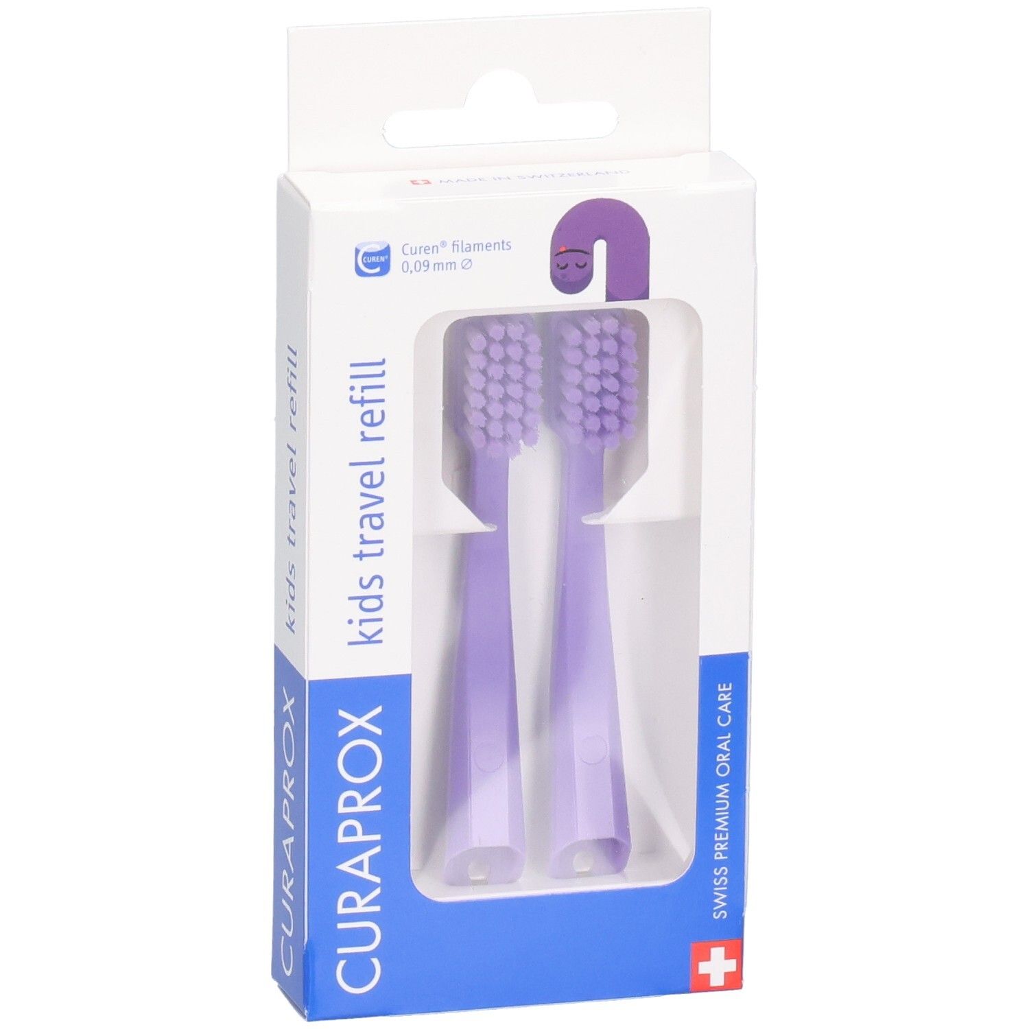 Emballage de deux têtes de brosse à dents rechargeables violettes Curaprox Kids Travel.