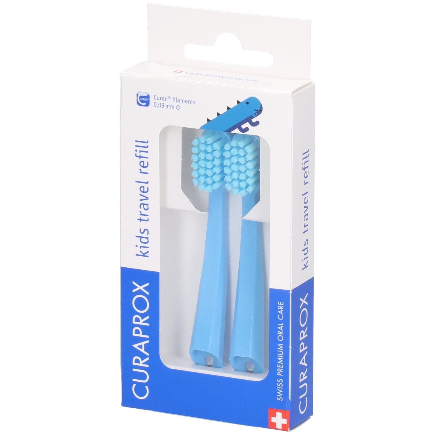 Deux têtes de brosse à dents rechargeables Curaprox Kids Travel Refill bleues dans leur emballage avec motif dinosaure.
