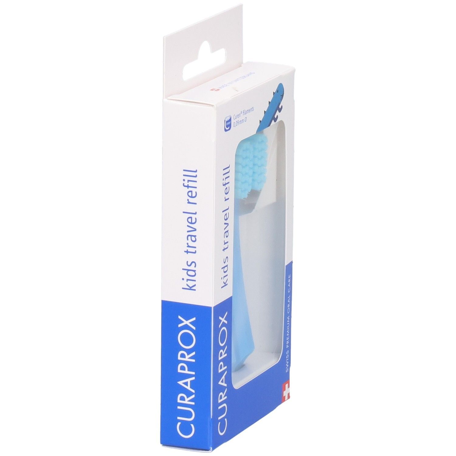 Emballage de deux têtes de brosse à dents rechargeables Curaprox Kids Travel Refill bleues, vue latérale.