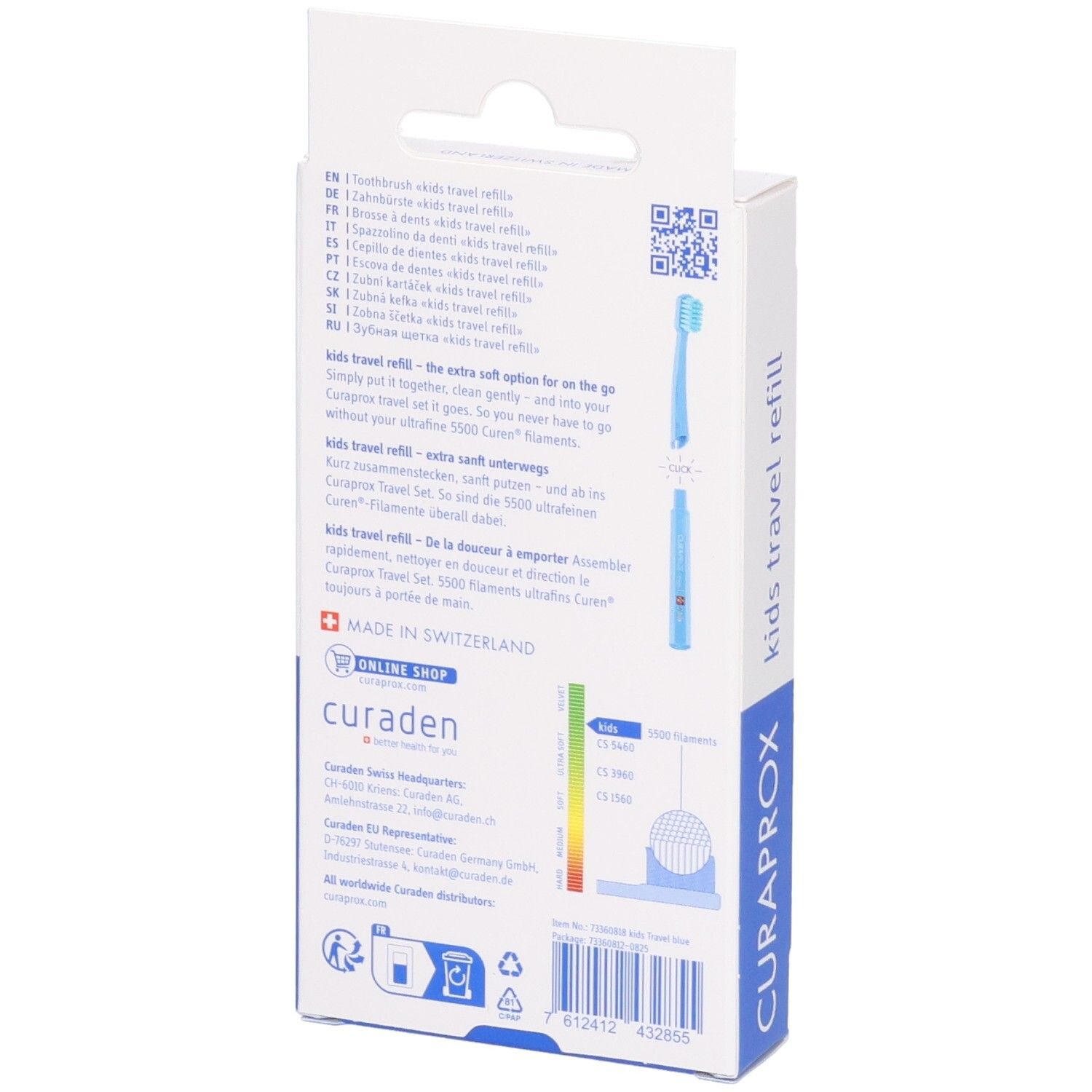 Arrière de l'emballage Curaprox Kids Travel Refill avec informations produit et code-barres.