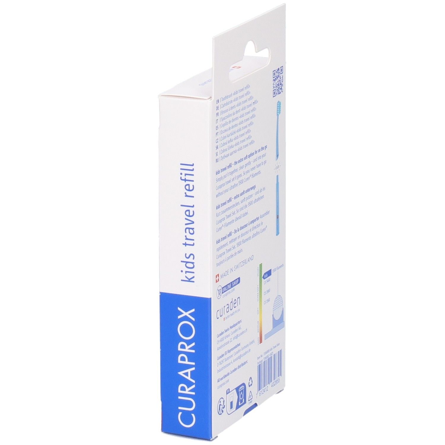Vue latérale de l'emballage Curaprox Kids Travel Refill avec informations produit.