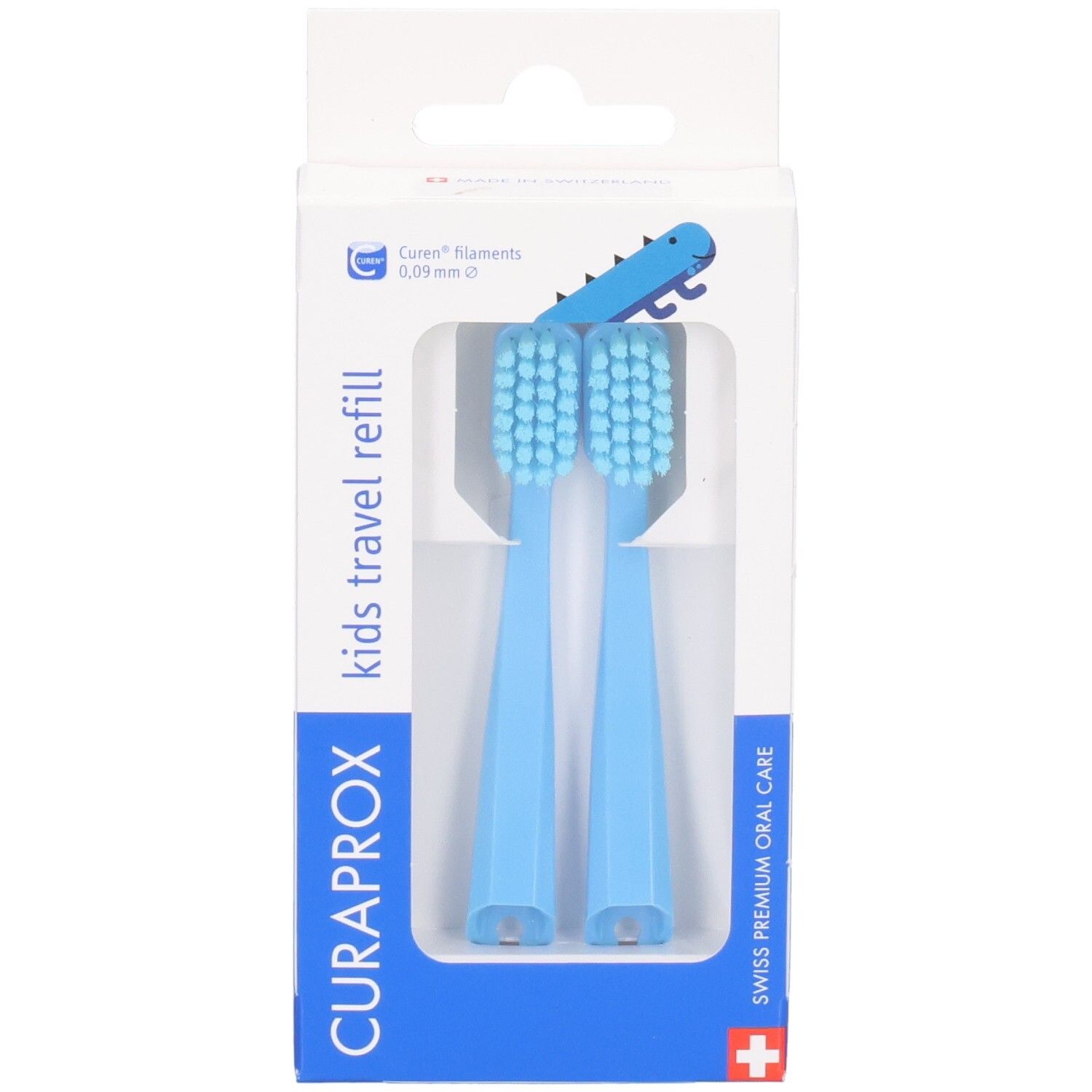 Deux têtes de brosse à dents rechargeables Curaprox Kids Travel Refill bleues dans leur emballage avec motif dinosaure.