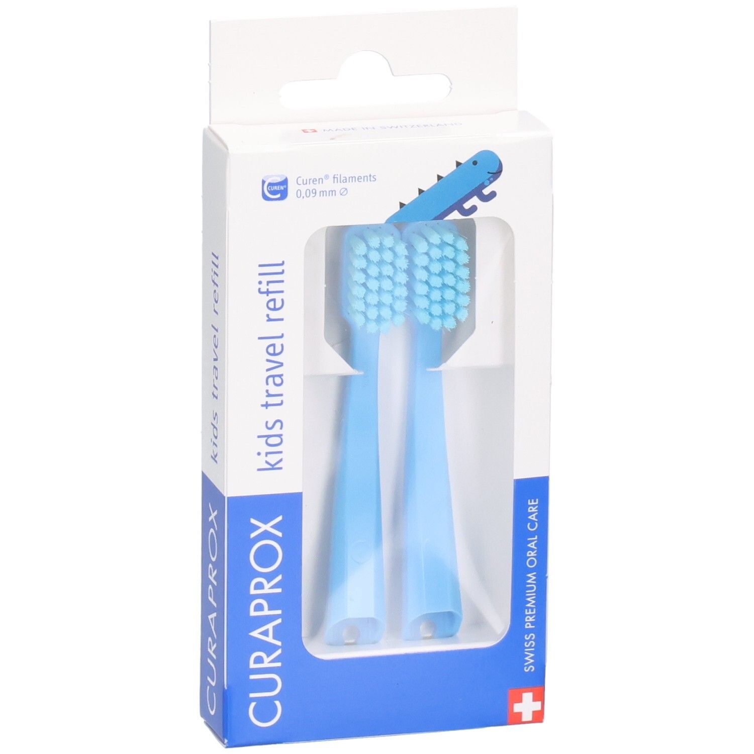 Deux têtes de brosse à dents rechargeables Curaprox Kids Travel Refill bleues dans leur emballage avec motif dinosaure.