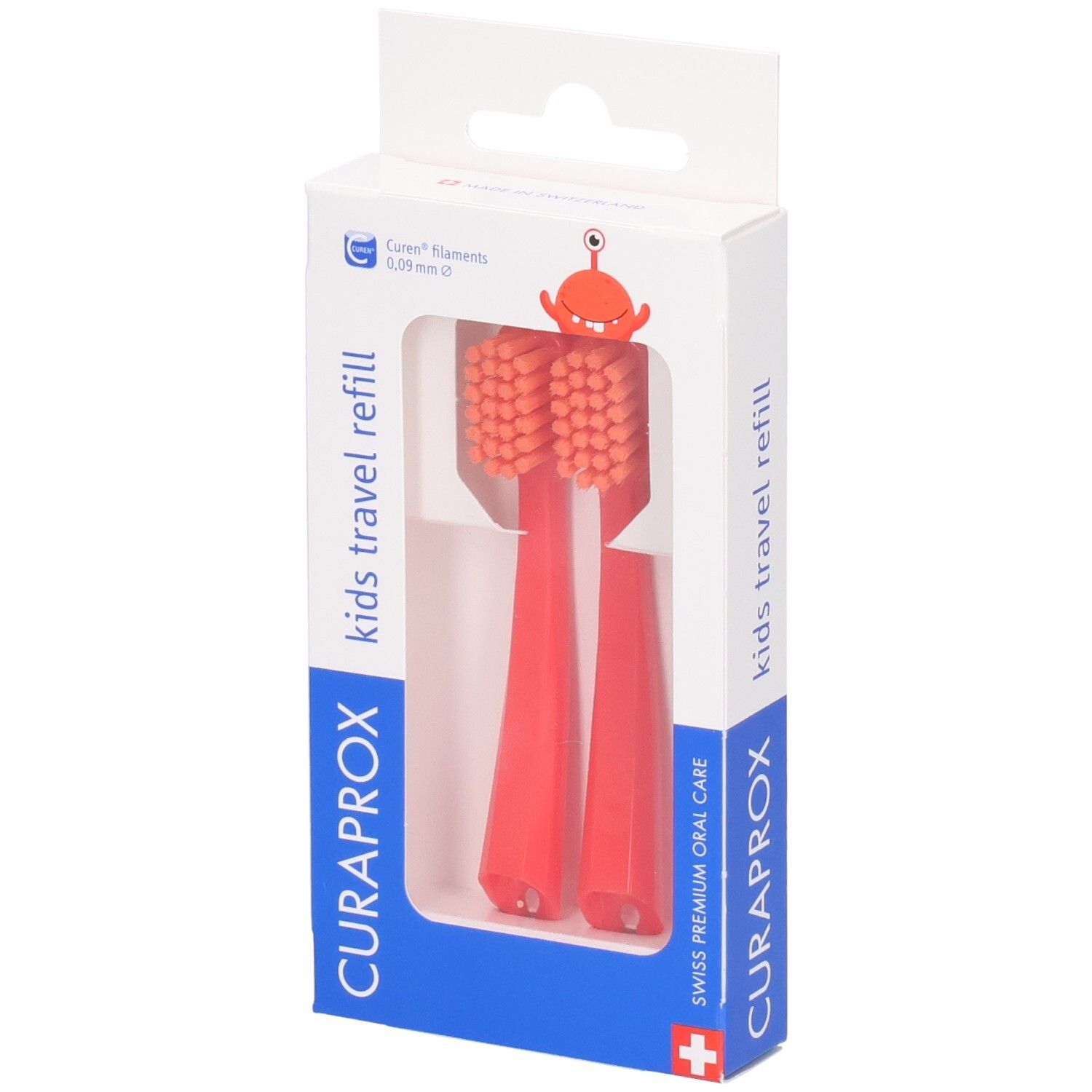 Emballage de deux têtes de brosse à dents Curaprox Kids Travel Refill rouges.
