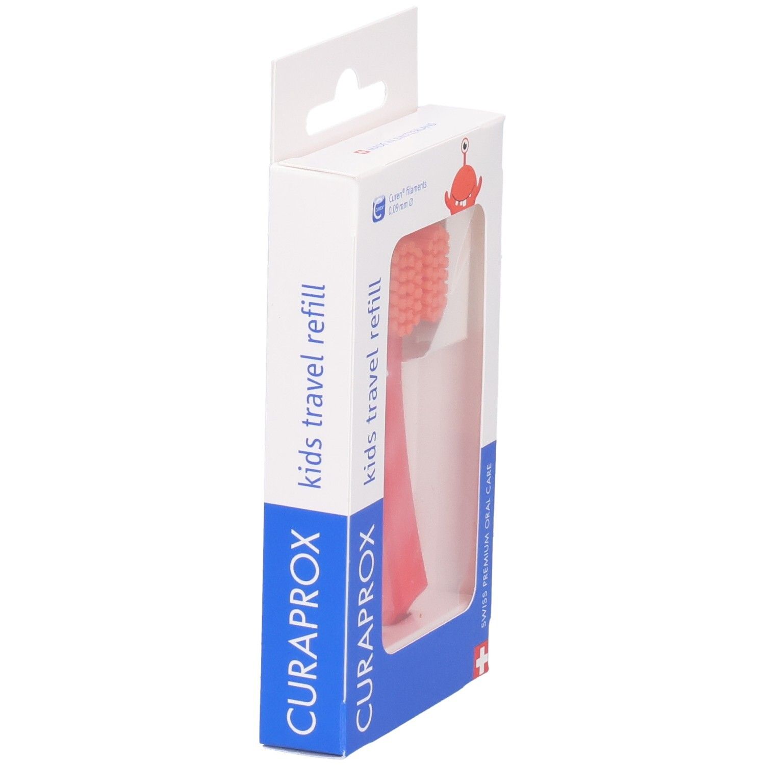 Vue latérale de l'emballage de deux têtes de brosse à dents Curaprox Kids Travel Refill rouges.