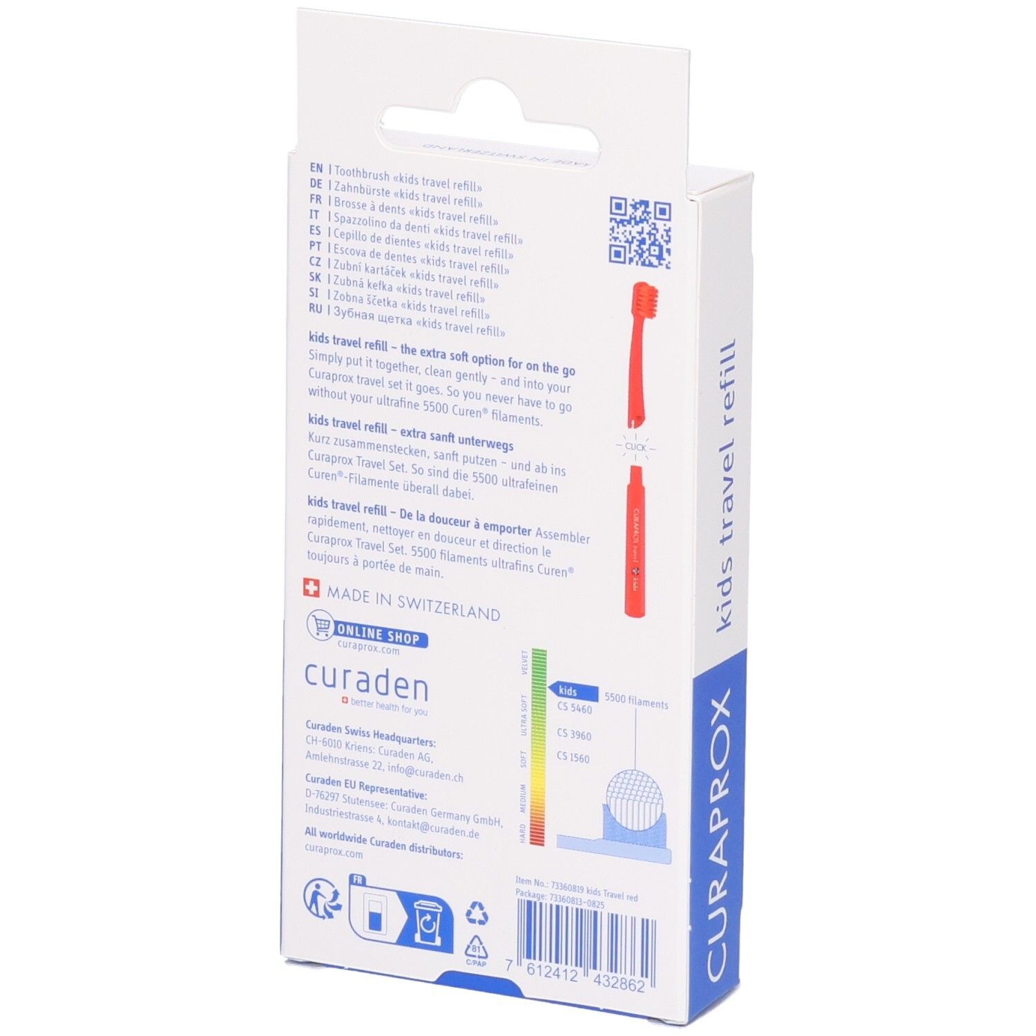 Arrière de l'emballage avec des informations sur les têtes de brosse à dents Curaprox Kids Travel Refill rouges.