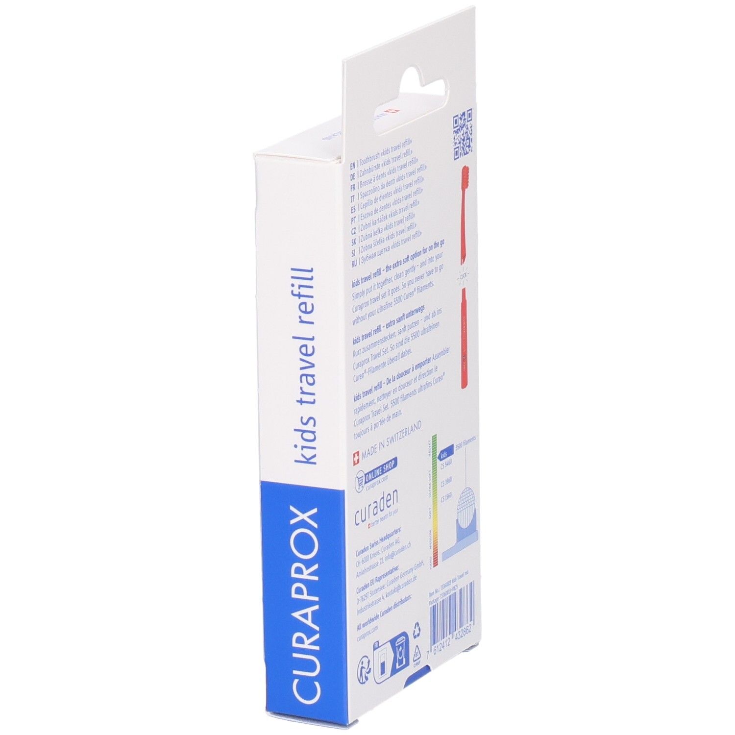 Vue latérale de l'emballage avec des informations sur les têtes de brosse à dents Curaprox Kids Travel Refill rouges.