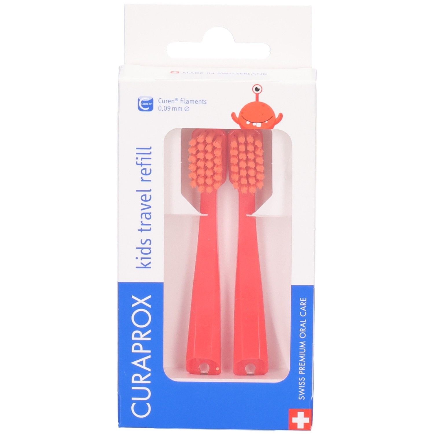 Emballage de deux têtes de brosse à dents Curaprox Kids Travel Refill rouges, vue de face.