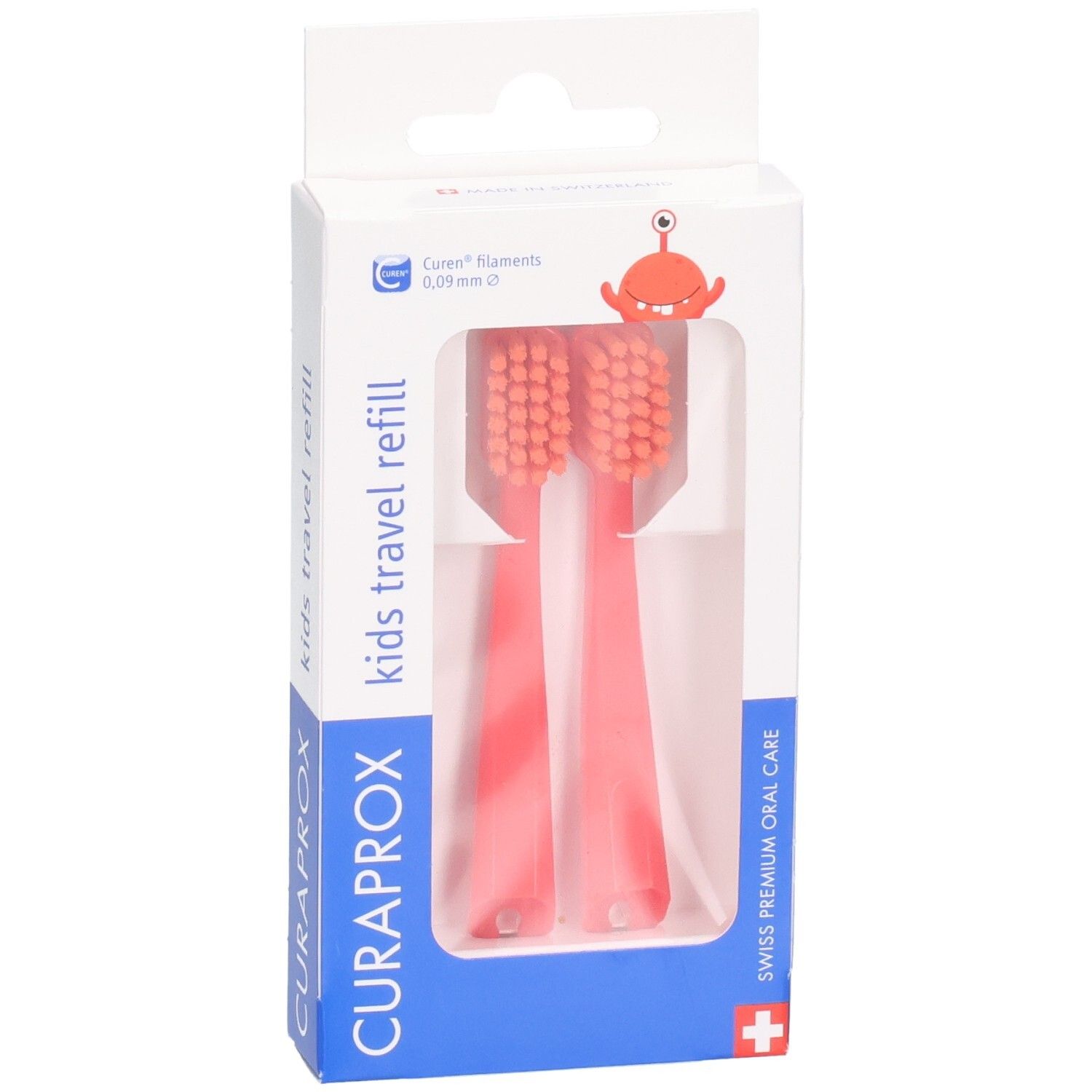 Emballage de deux têtes de brosse à dents Curaprox Kids Travel Refill rouges, légèrement en biais.