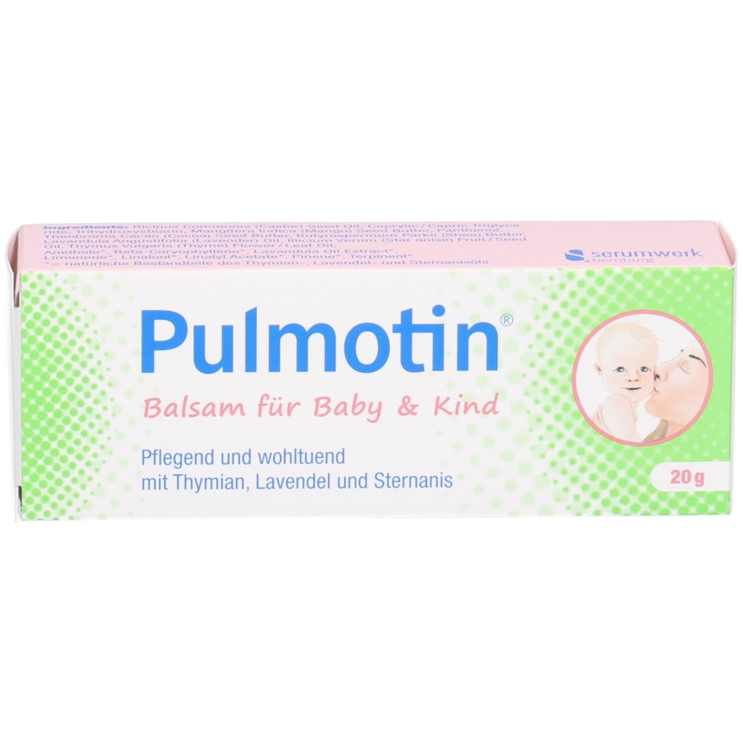 Vorderseite der Pulmotin Balsam Faltschachtel für Baby & Kind, 20g.