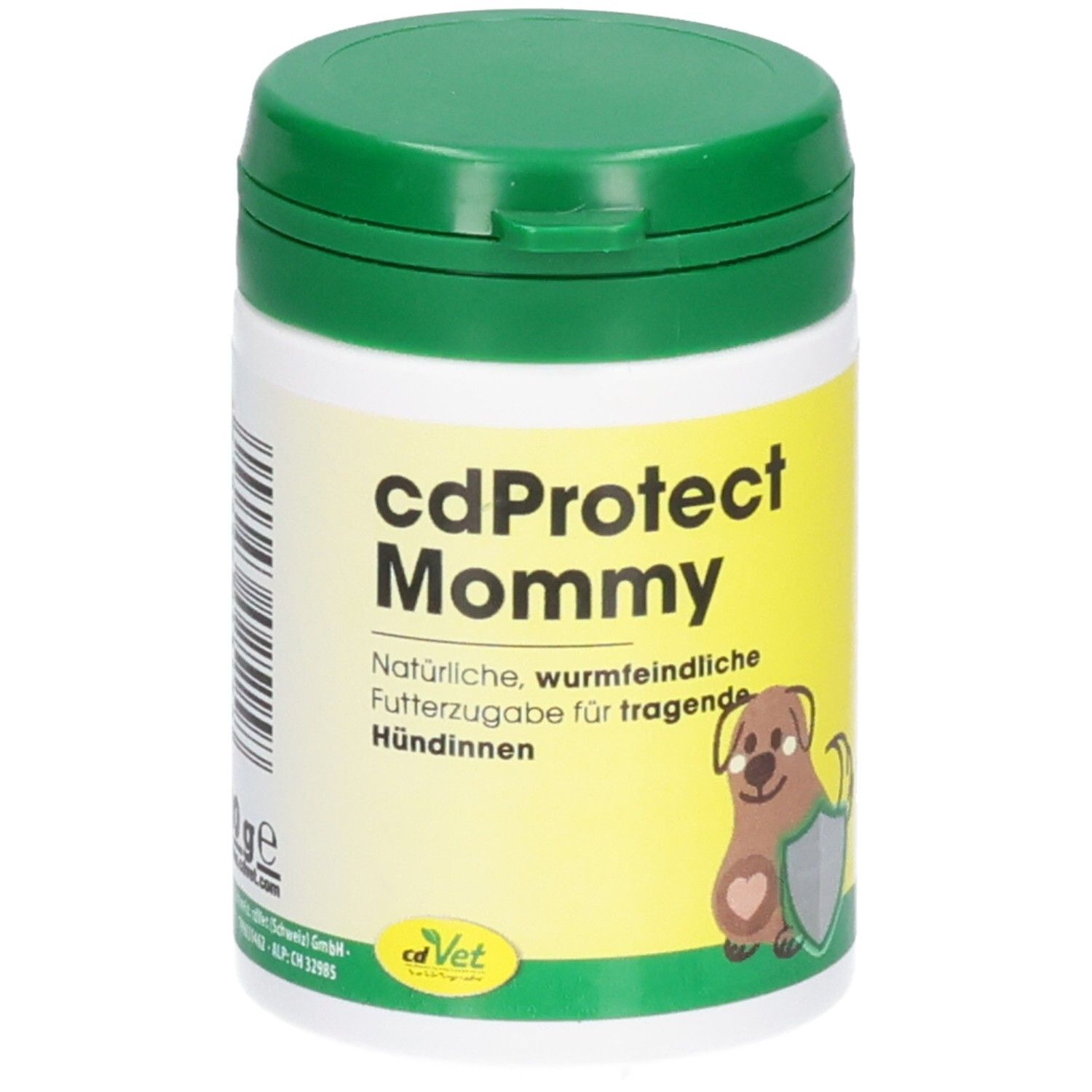 cdProtect Mommy Futterergänzung für tragende Hündinnen in weißer Dose mit grünem Deckel.