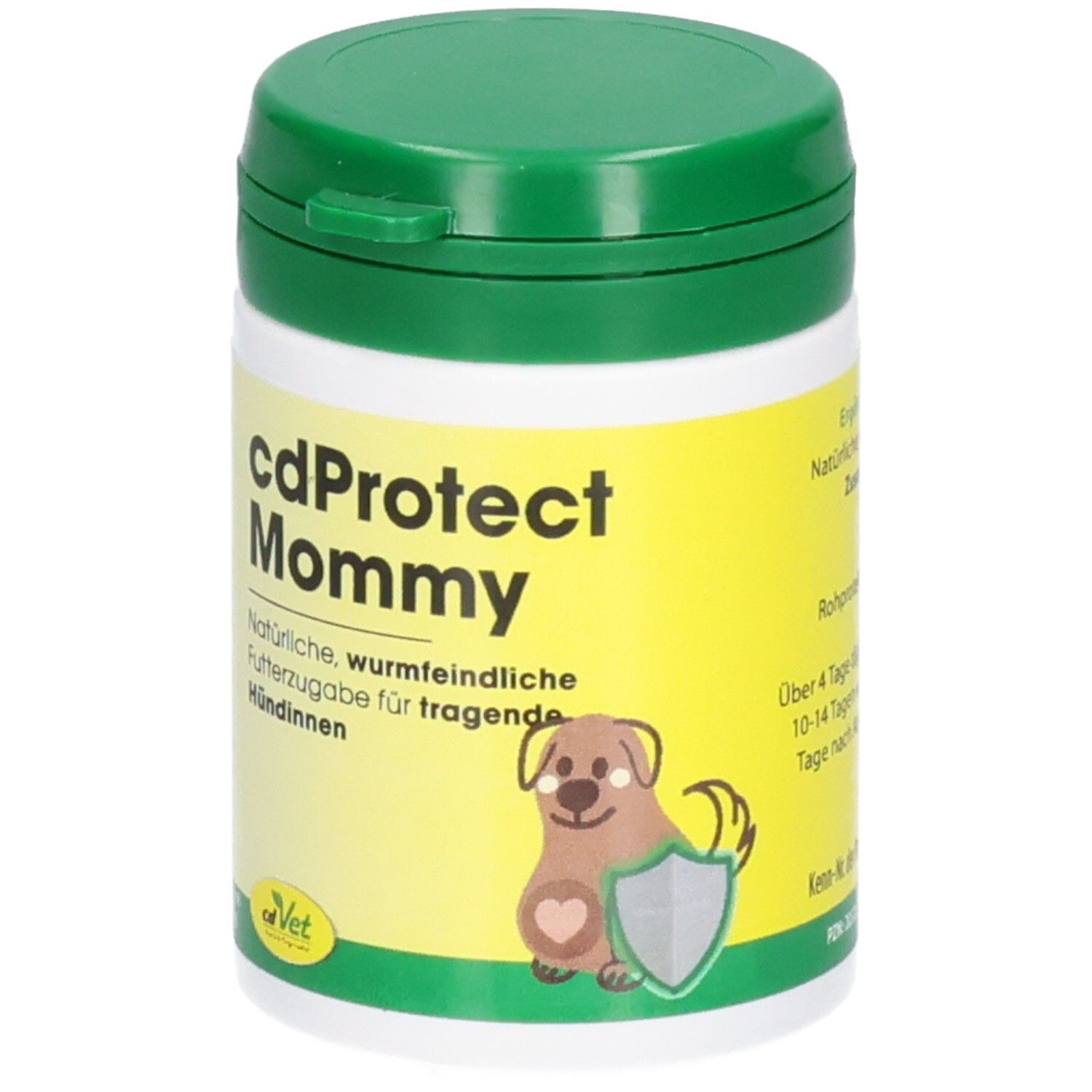 cdProtect Mommy Futterergänzung für tragende Hündinnen in weißer Dose mit grünem Deckel.