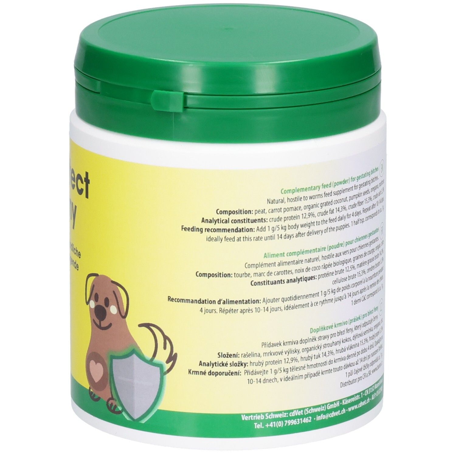cdVet cdProtect Mommy Ergänzungsfuttermittel für tragende Hündinnen, Rückseite mit Anwendungshinweisen.