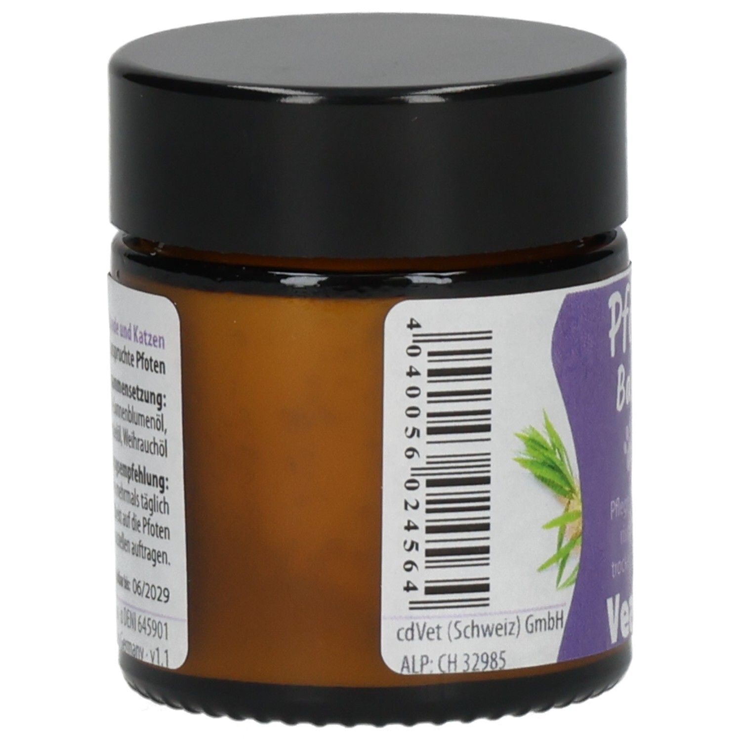 CdVet Pfoten Balsam in einem Braunglastiegel mit schwarzem Deckel. Enthält Bio-Kokosöl, Bio-Jojobaöl, Bio-Kastanienextrakt.
