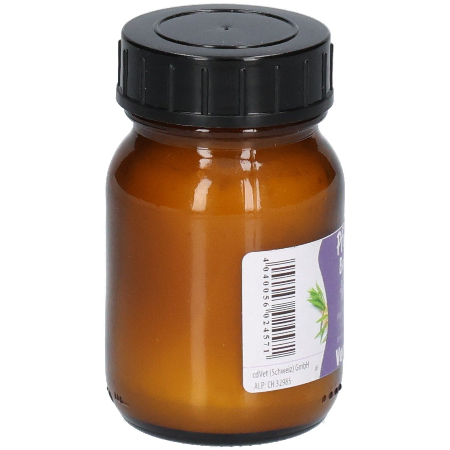 Braune Glasflasche mit schwarzem Deckel, Seitenansicht mit Etikett.