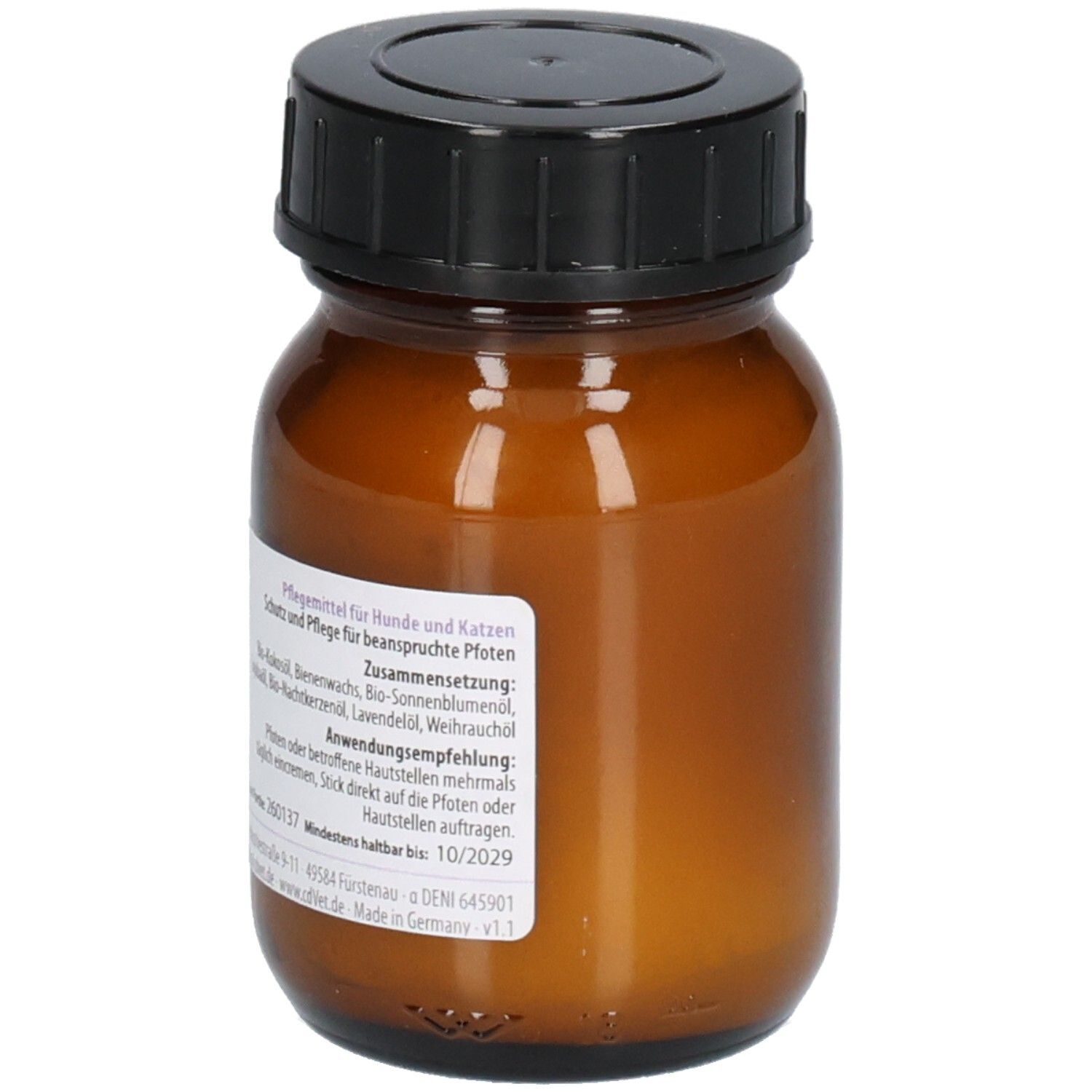 Braune Glasflasche mit schwarzem Deckel, Rückseite mit detaillierten Produktinformationen.