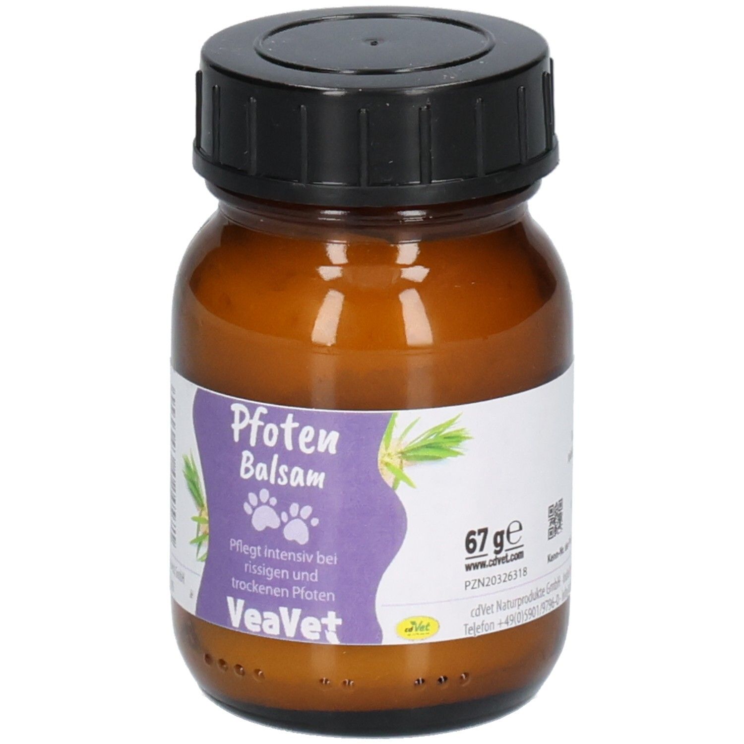 Braune Glasflasche mit schwarzem Deckel, Etikett mit "VeaVet Pfoten Balsam", 67g und Barcode.