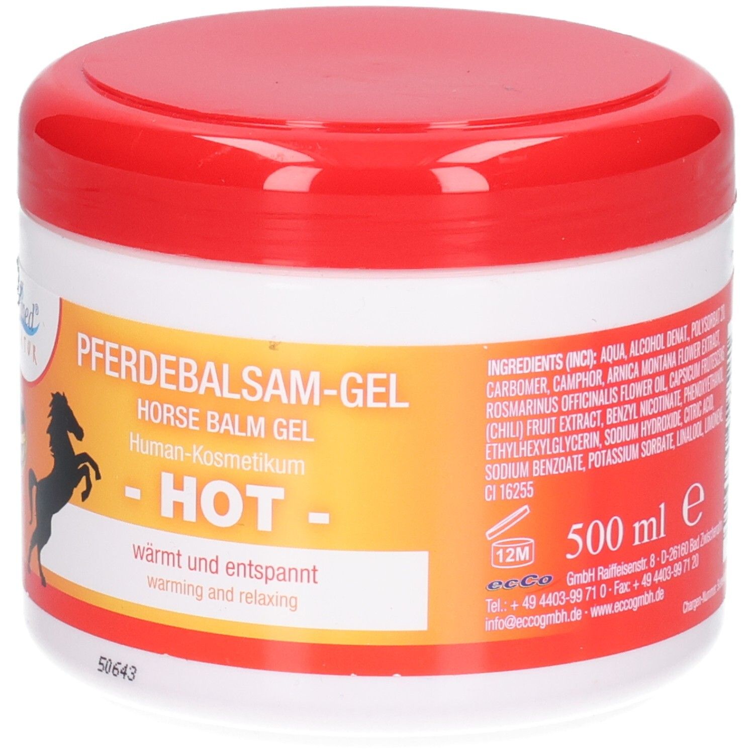 Pferdebalsam-Gel in roter und weißer Dose, 500 ml.