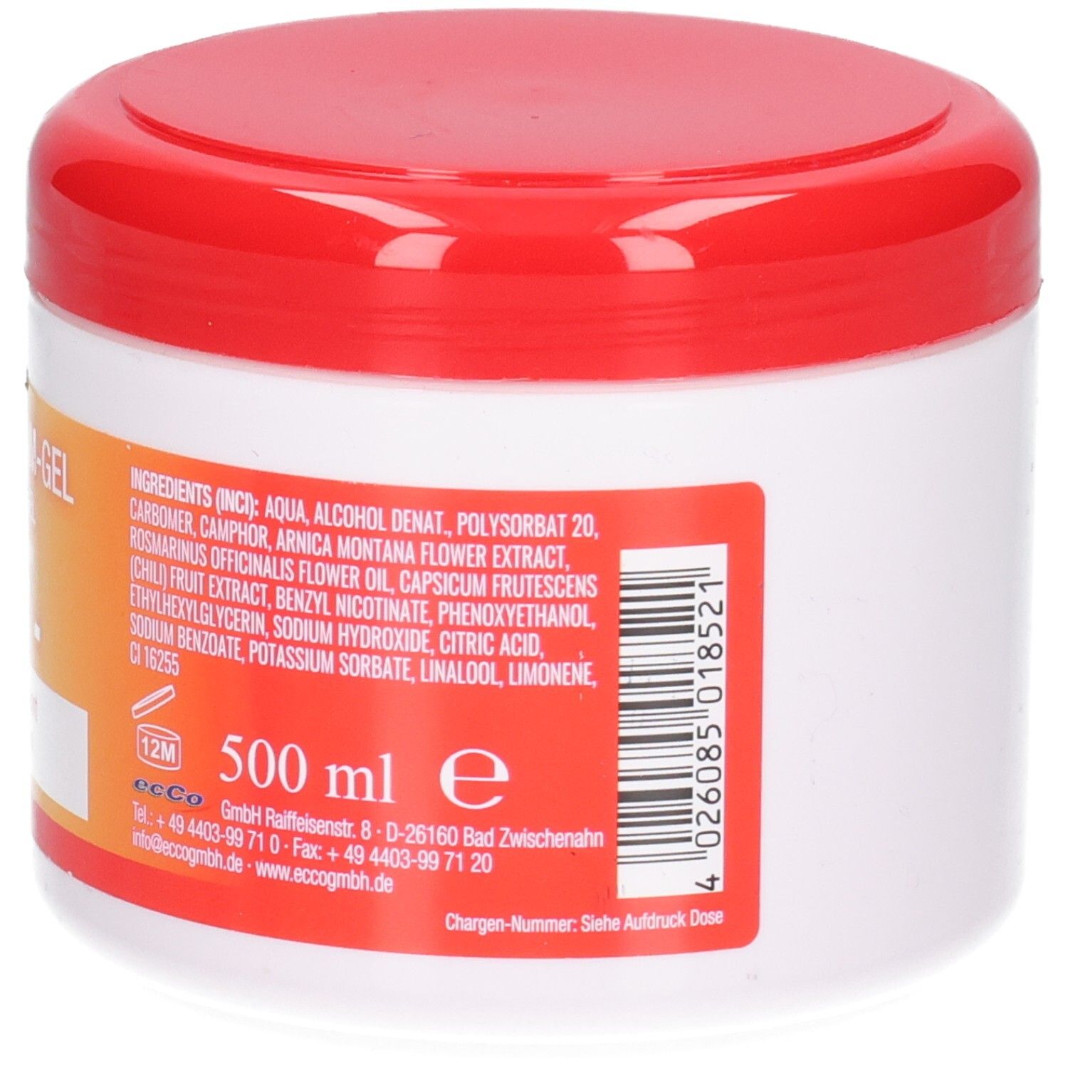 Weißer Tiegel mit rotem Deckel, 500 ml, mit Zutatenliste und Barcode.