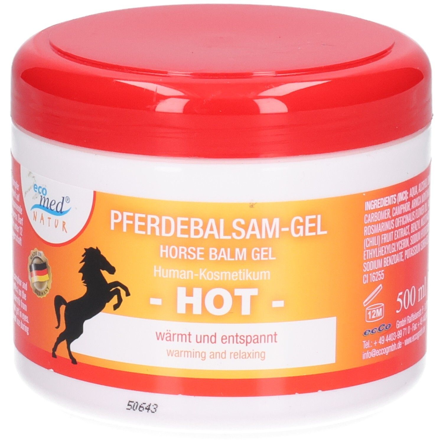 Pferdebalsam-Gel 'Hot' in weißem Tiegel mit rotem Deckel, 500ml.