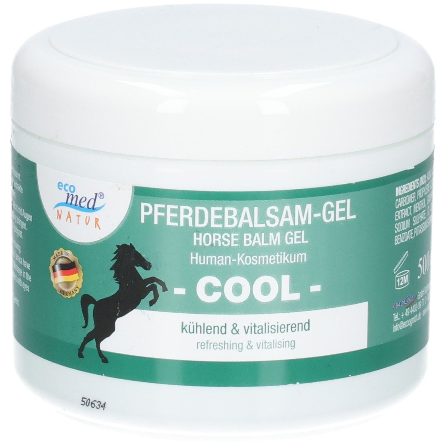 Weiße Dose mit Pferdebalsam-Gel 'Cool'. Enthält eine Silhouette eines springenden Pferdes und deutsche Flagge.