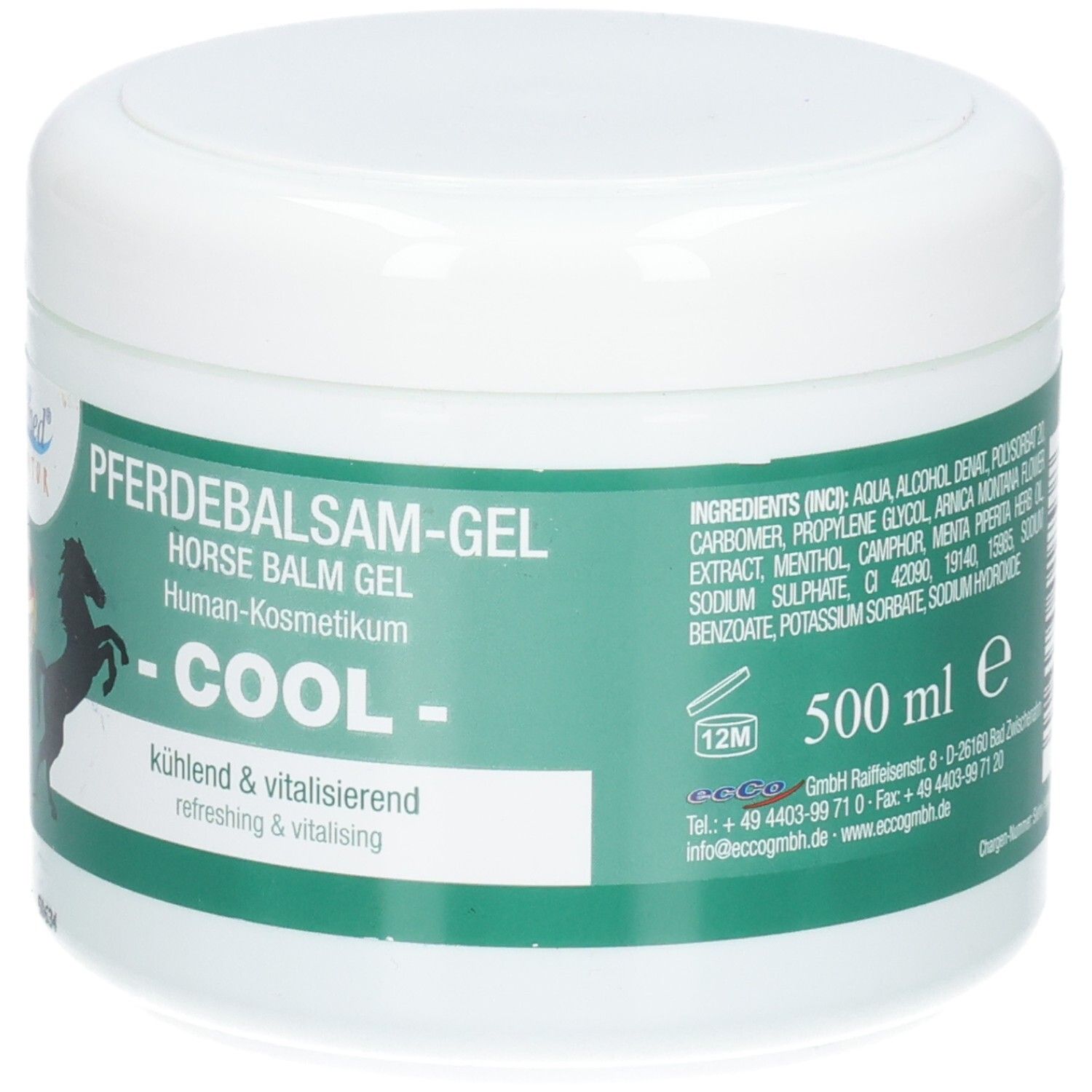 Pferdebalsam-Gel "Cool" in weißem Tiegel, 500 ml. Kühlend & vitalisierend.
