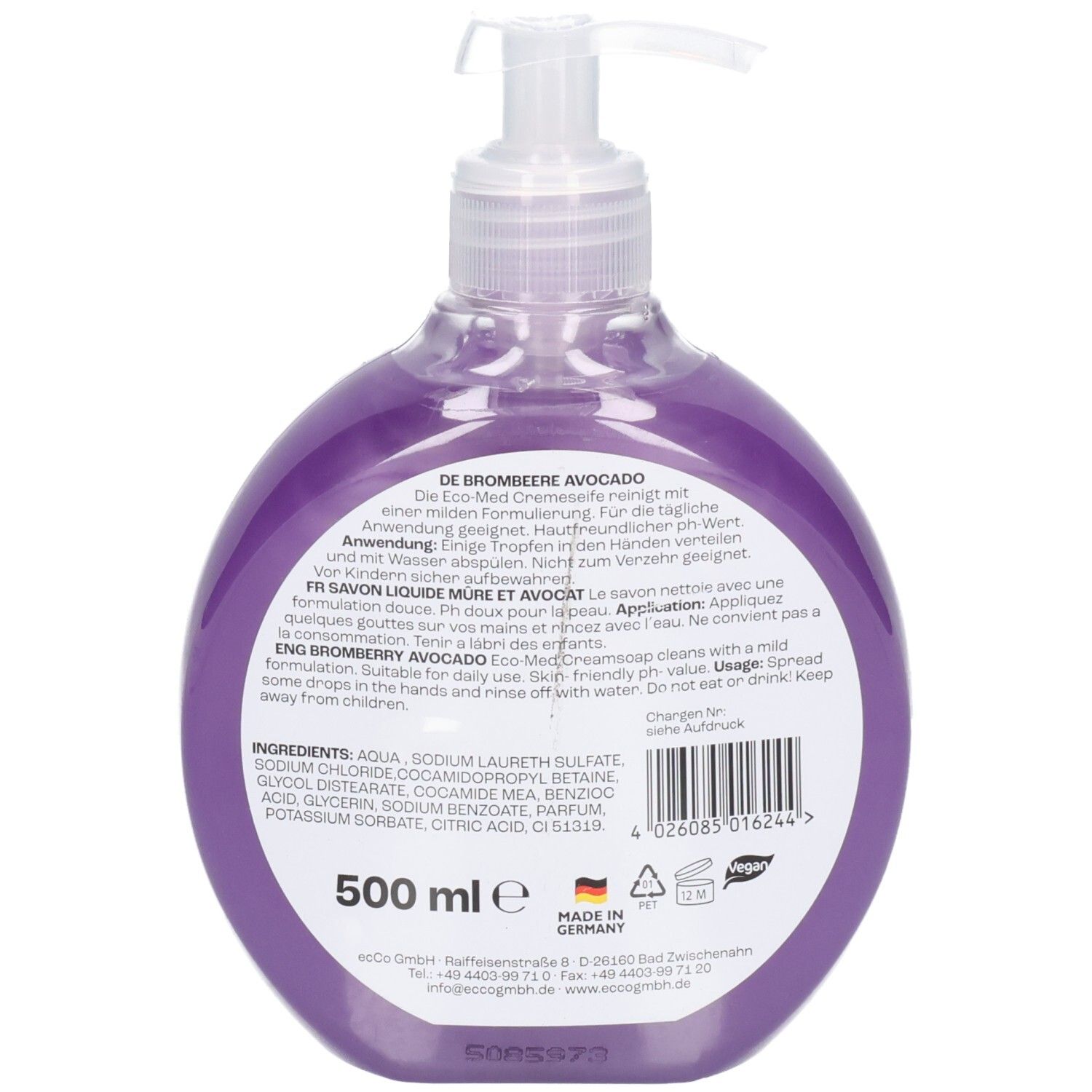 Lila Seifenflasche mit Pumpspender, 500 ml.