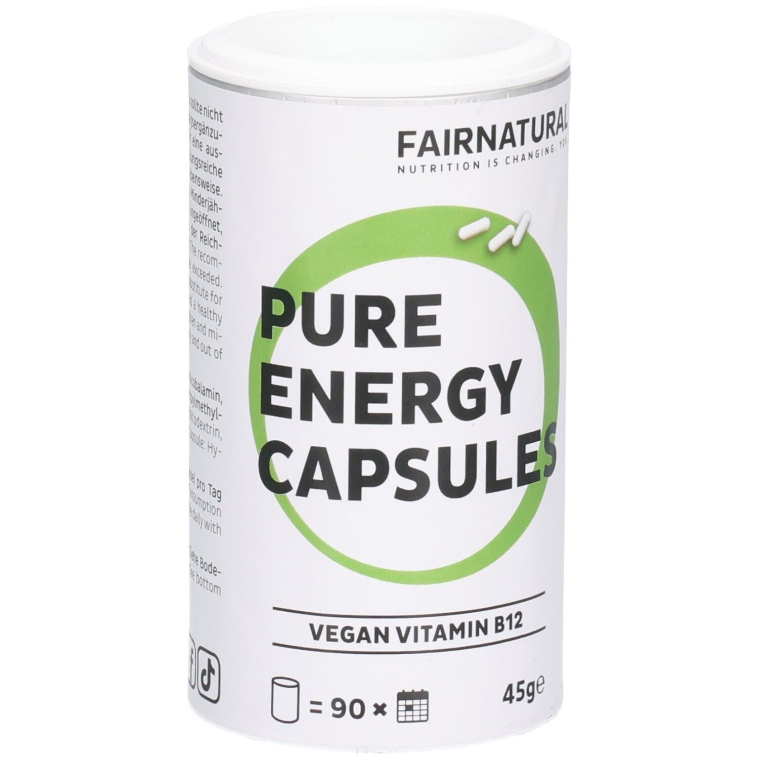 Zylindrische Dose mit FAIRNATURAL-Logo. Aufschrift: PURE ENERGY CAPSULES, VEGAN VITAMIN B12. Enthält 90 Kapseln, 45g.