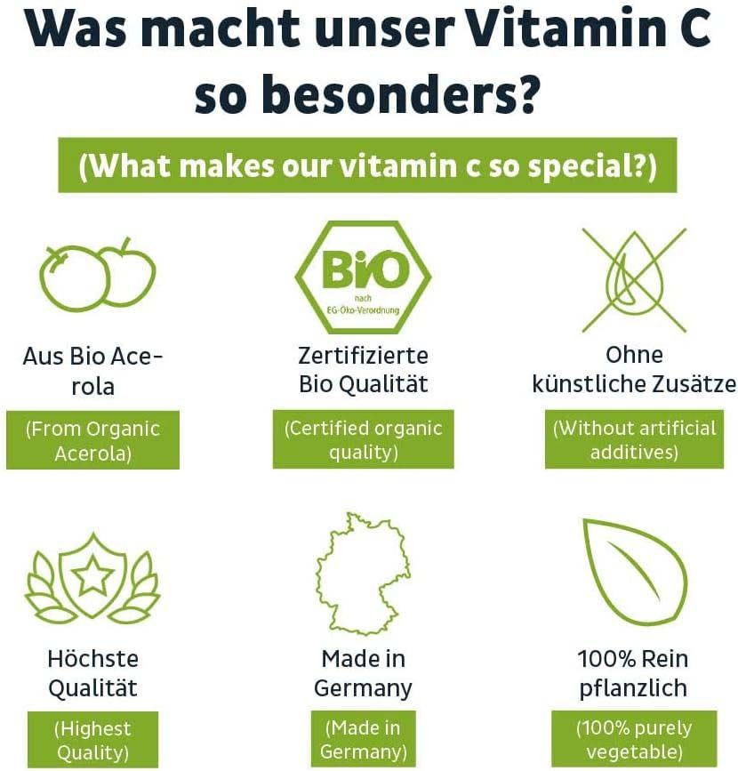 Infographie avec logos et texte. Logos : label bio, Made in Germany. Texte : Qualité biologique certifiée, Sans additifs artificiels.